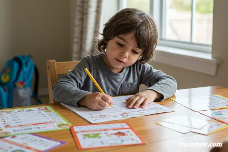 A young child doing homework at a table with checklists and task cards.
