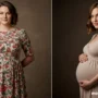 a confident woman post-surgery with smaller breasts and a pregnant woman holding her baby bump.