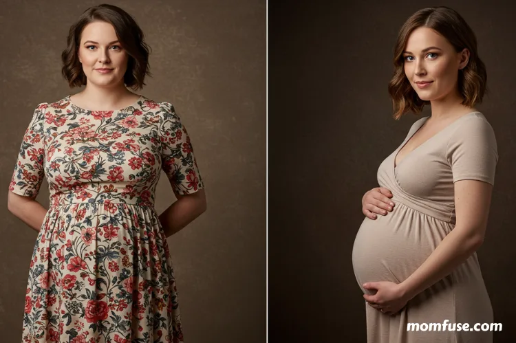 a confident woman post-surgery with smaller breasts and a pregnant woman holding her baby bump.