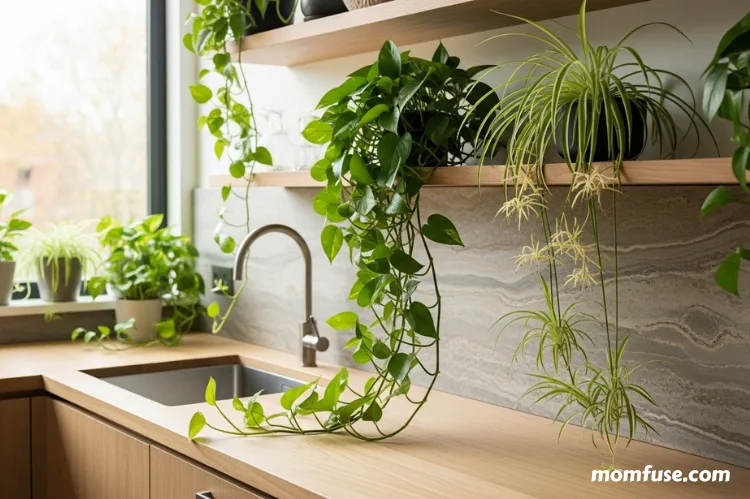 A kitchen counter and shelves decorated with pothos, spider plants.