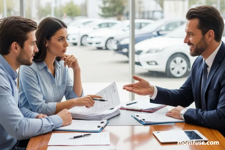 A family couple reviewing car financing documents with a smiling dealer.