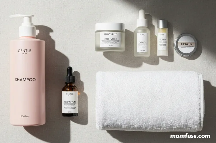 Flat lay of gentle shampoo, scalp serum, soft towel, skincare routine aesthetic.