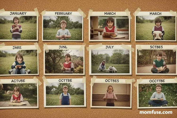 A storyboard layout showing chapters of a child’s year.