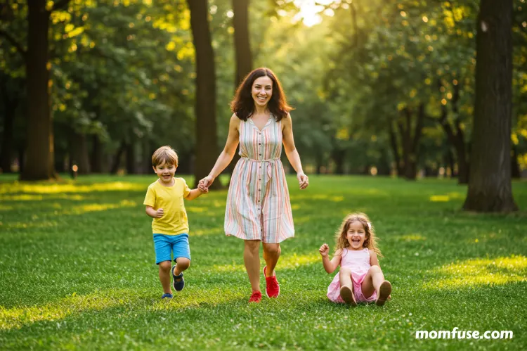 A happy mom playing with her children outdoors.