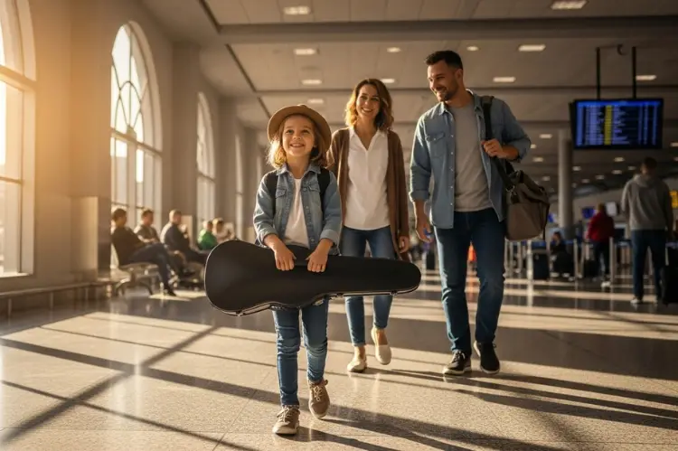 A child proudly carrying their violin case through an airport gate, with parents walking behind.