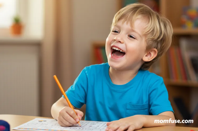 Happy child solving a math problem with excitement.