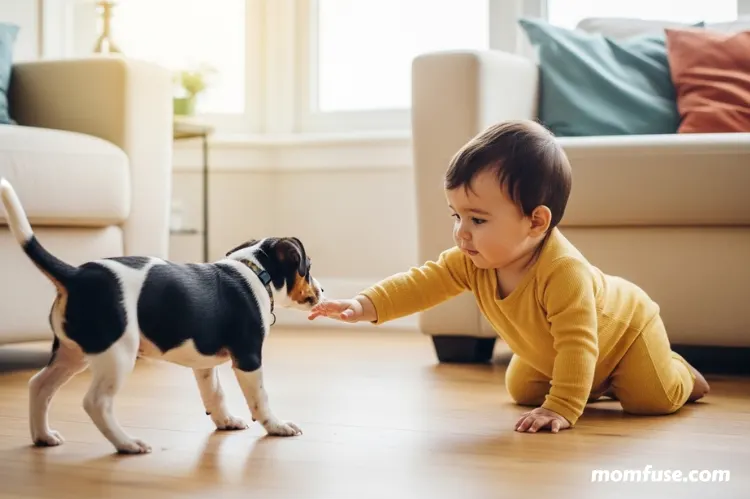 A crawling baby reaching out toward a playful puppy on a living room.