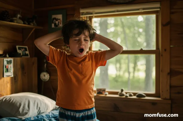 A young child at summer camp waking up in a rustic wooden cabin.