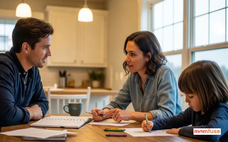 Parents calmly discussing a schedule at a kitchen table while child work.