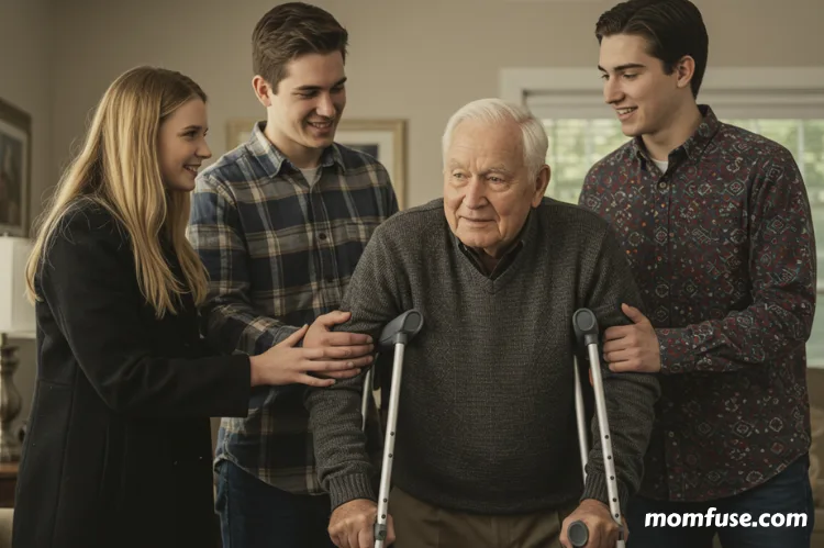 A small group of family members helping a father with crutches.