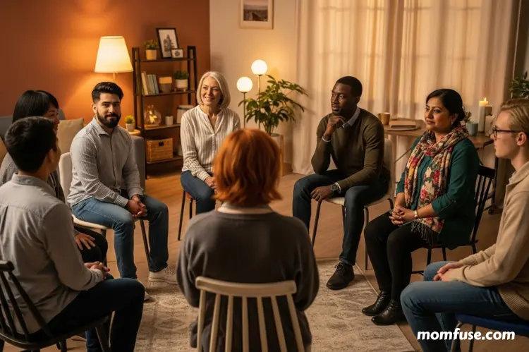 A diverse group therapy circle in a cozy, inviting space.