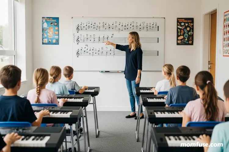 A teacher pointing to music notes on a board while children follow along on keyboards, organized learning scene.
