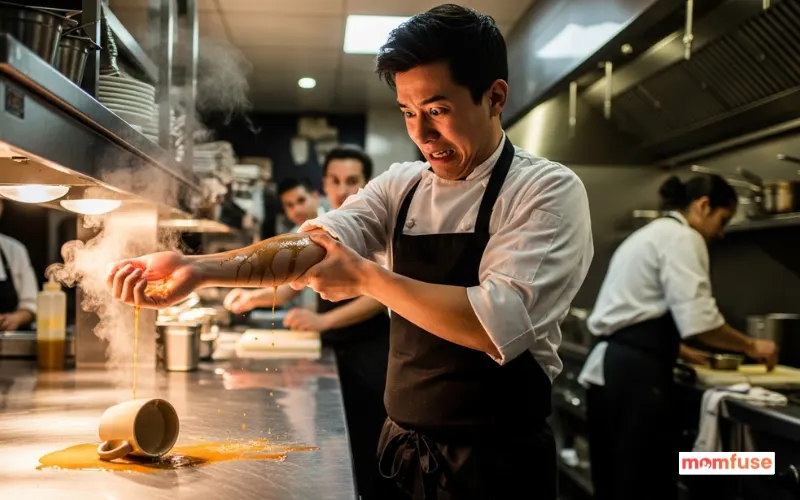 Accidental burn in a restaurant kitchen, spilled hot beverage, startled person, realistic details.