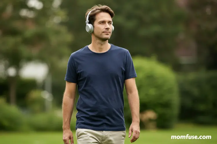 Person walking outside with headphones, peaceful expression.