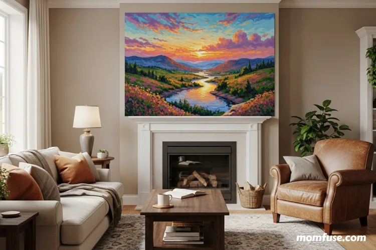 Large paint by numbers wall art displayed in a cozy living room, bright natural lighting.