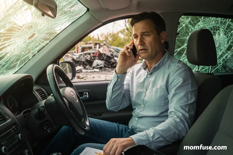 A man sitting inside a car making a phone call to their insurance company.
