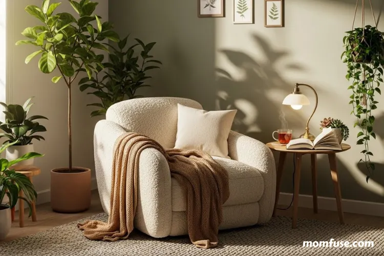 A peaceful, softly lit corner in a home with a cozy armchair, warm lighting, soft textures, indoor plants.