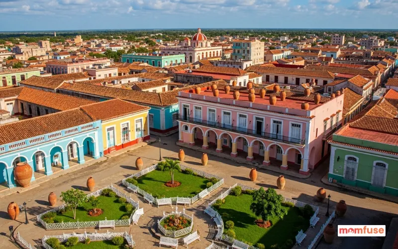 Historic Camagüey Cuba maze-like streets, colonial plazas, colorful buildings, giant clay tinajones pots.