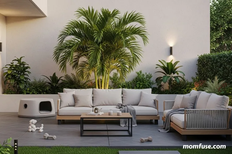 Areca palm on a stylish patio surrounded by pet-friendly decor.