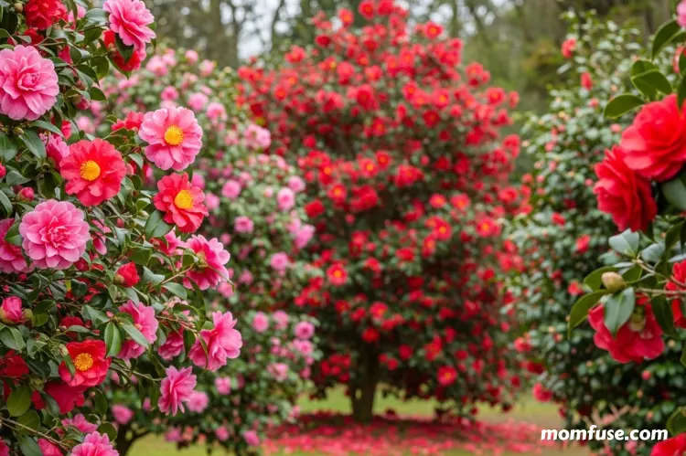 Camellia bushes in bloom with pink and red flowers.