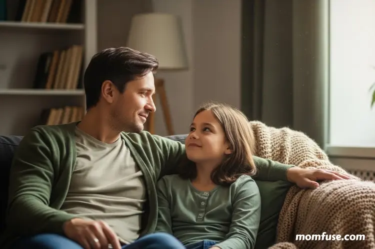 Parent and child sitting together in a relaxed setting, having a calm conversation.