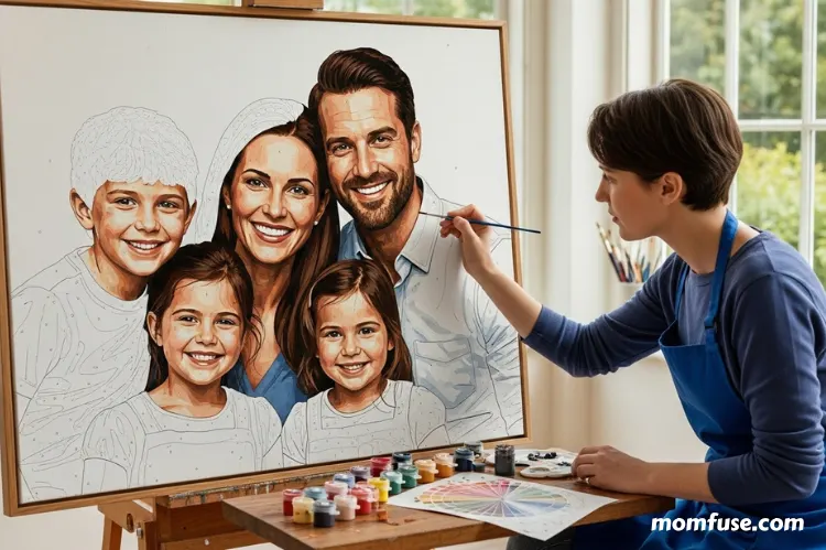 Custom paint by numbers framed artwork of a family portrait in progress, artist working carefully.