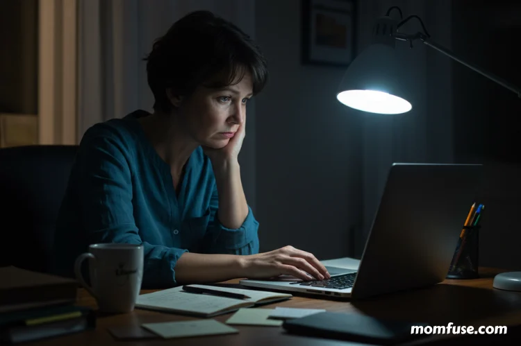 Parent sitting at a desk late at night tudying an online course with a notepad.