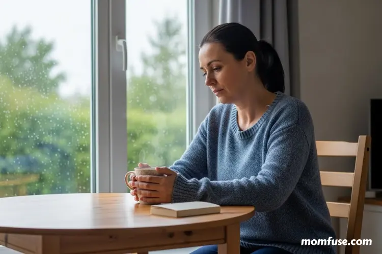 A caregiver woman sitting alone with a cup of tea near a window.