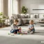 A modern family living room with soft carpet, young children playing safely.
