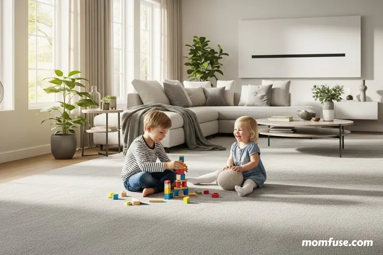 A modern family living room with soft carpet, young children playing safely.