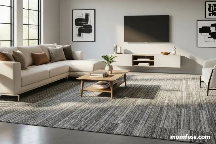 A stylish modern living room with durable, stain-resistant carpet in elegant textures and colors.
