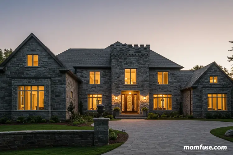 Large luxury home exterior with bold castle stone veneer, block-like stones resembling medieval.