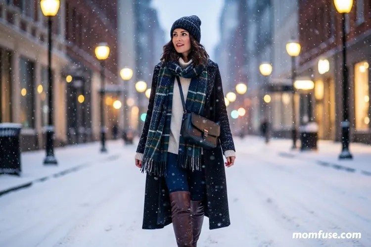 A stylish woman walking confidently in a snowy city street wearing a layered winter outfit.