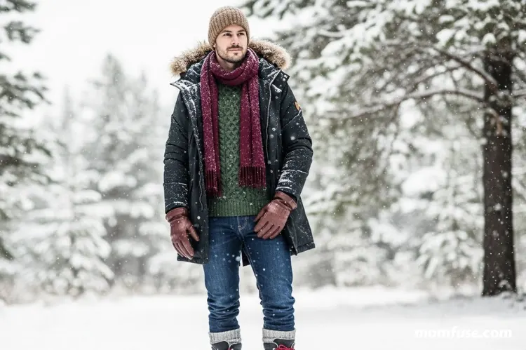 A cozy winter outfit: sweater or hoodie, jeans, boots, socks, waterproof coat, scarf, gloves, hat.
