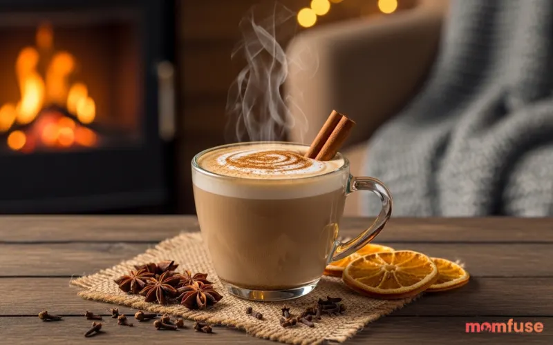 “chai tea latte with spices, cinnamon sticks, cozy warm atmosphere”