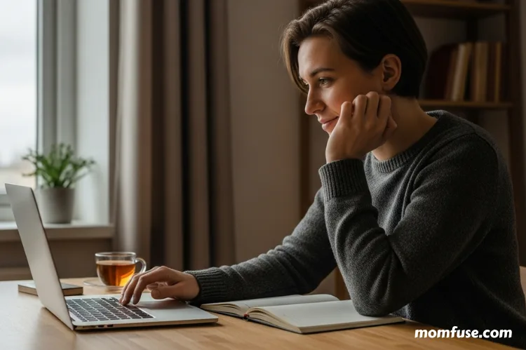 A calm, realistic of an adult sitting at a desk with a laptop, The person looks thoughtful but hopeful.