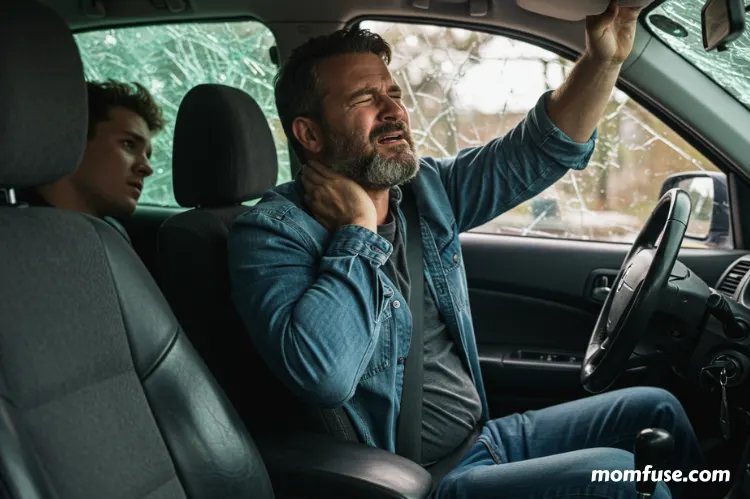 A driver sitting in a car after an accident, holding their neck in pain while checking on a passenger.