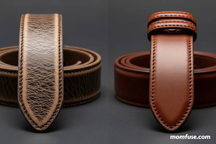 A leather belt—one showing rough and one with smooth. -genuine leather guide