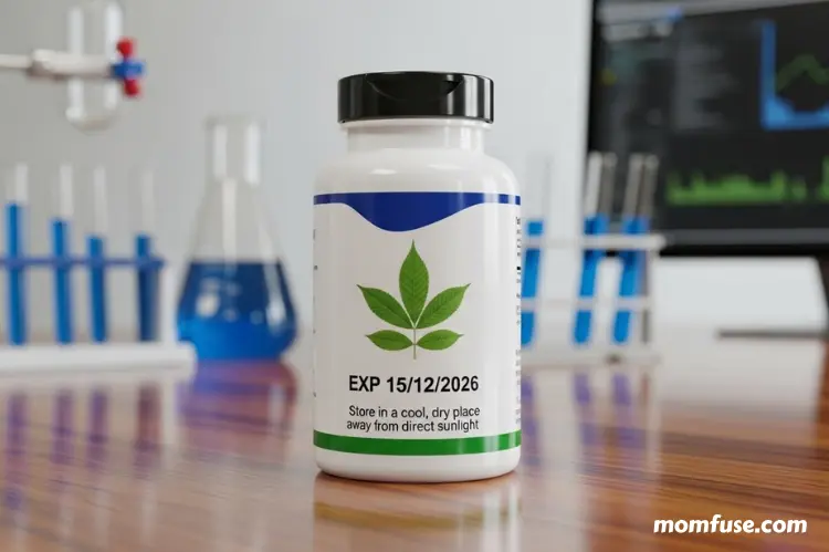 A supplement bottle with a clearly visible expiration date and storage instructions printed on the label.