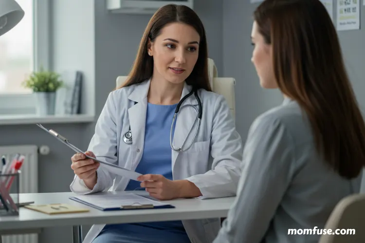 A calm and professional medical office scene, a female doctor discussing health test results.