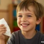 A smiling child holding a tissue but looking relieved.