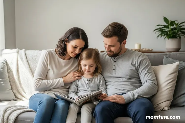 Parents sitting beside child on a couch,child in reading book.