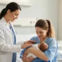 A mother holding a newborn while a doctor gently supports them.