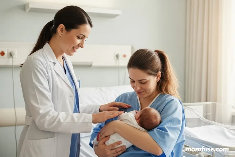 A mother holding a newborn while a doctor gently supports them.