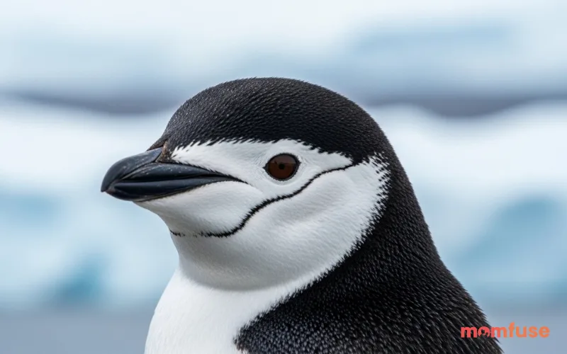 Chinstrap penguin close-up showing distinct black line under chin, icy background, high resolution wildlife portrait