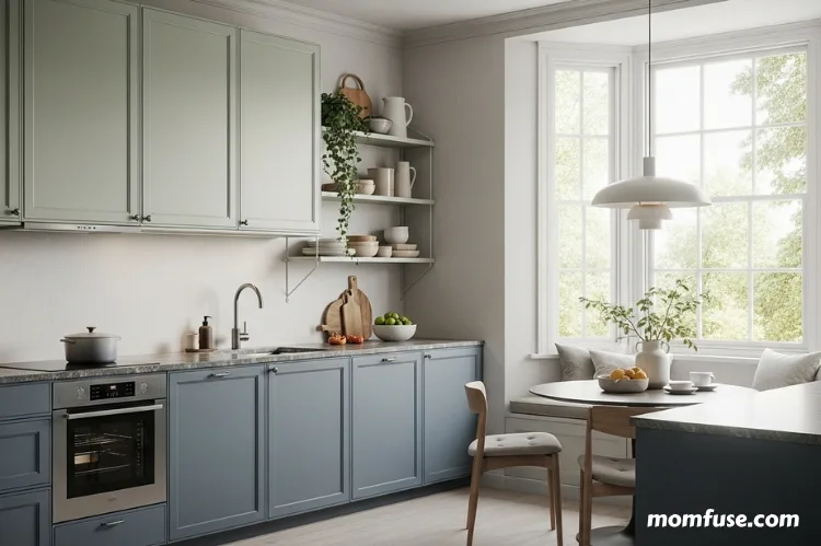 A calm kitchen with matte-finished sage green and slate blue cabinets.