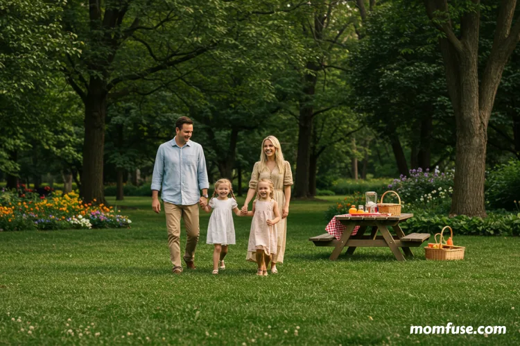 A family walking towards a picnic area in a public park.