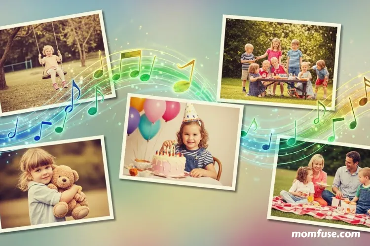 A gentle visual of musical notes floating around childhood photos.