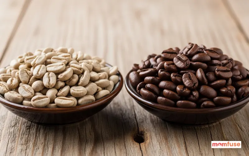 Coffee beans variety in bowls, light roast and dark roast comparison, wooden surface, macro photography.