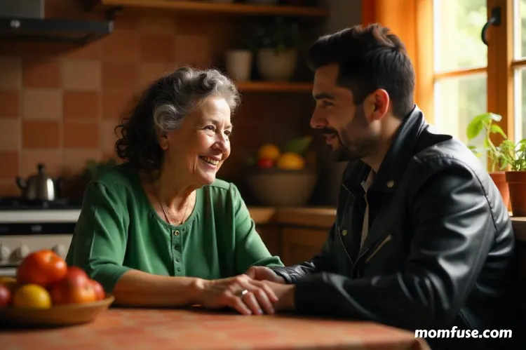 An elderly person sitting with family members at a kitchen table.